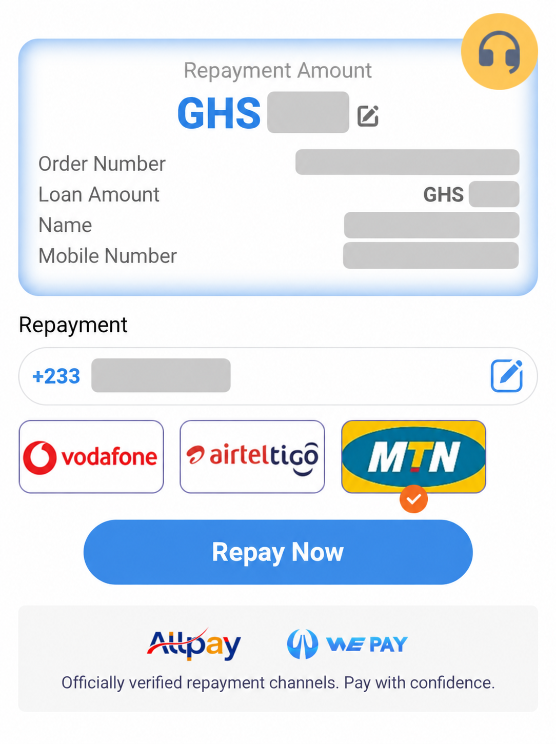 Repayment page showing the repayment card, mobile-money operators, Repay Now button, and AllPay and WePay logos.